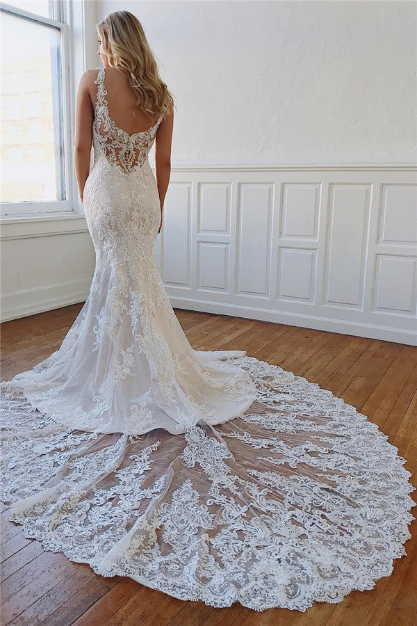 Sleeveless Appliques Lace Mermaid Chapel-Train V-neck Glorious Wedding Dresses