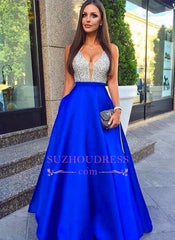 Sleeveless Beaded V-Neck Evening Gowns with Pockets Royal Blue Silver Prom Dresses LY77