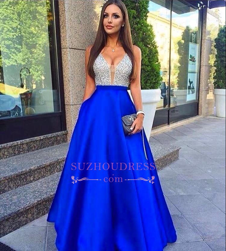 Sleeveless Beaded V-Neck Evening Gowns with Pockets Royal Blue Silver Prom Dresses LY77
