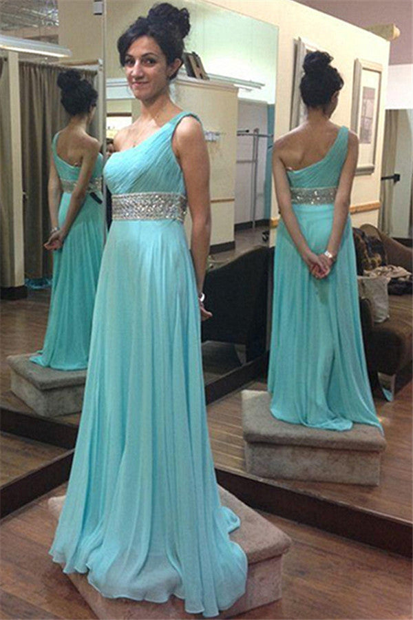 Sleeveless Beading One-Shoulder Evening Dress Blue Beaded Belt Prom Dresses