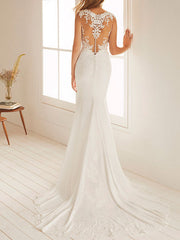 Sleeveless Chiffon Lace White Mermaid Wedding Dresses Long
