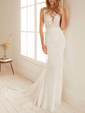 Sleeveless Chiffon Lace White Mermaid Wedding Dresses Long