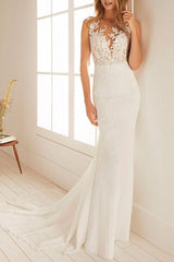 Sleeveless Chiffon Lace White Mermaid Wedding Dresses Long
