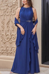 Sleeveless Long A Line Scoop Neck Mother of the Bride Dress with Sash