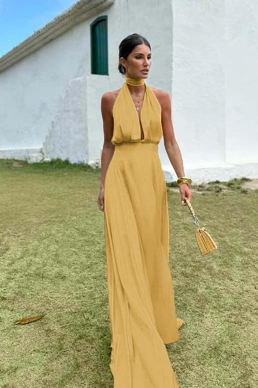 Sleeveless Halter V Neck Long Evening Formal Dress With Pleated