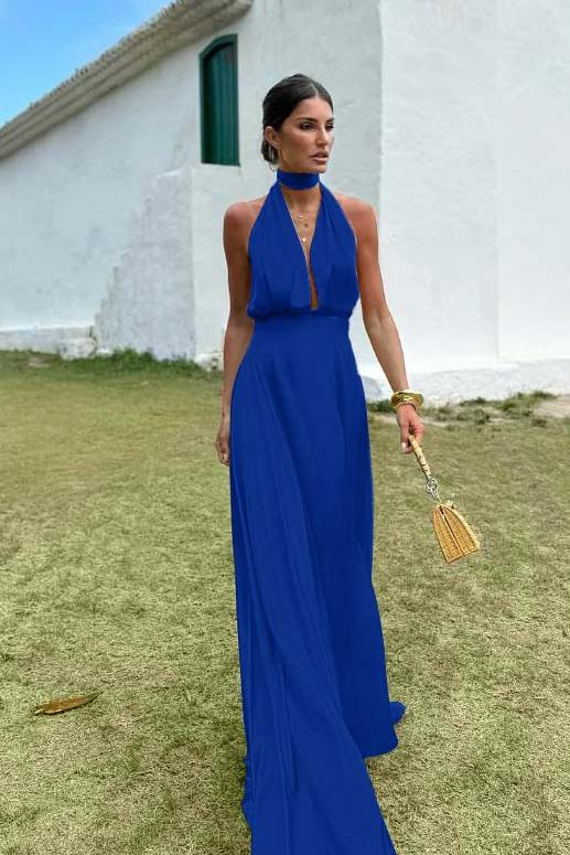 Sleeveless Halter V Neck Long Evening Formal Dress With Pleated