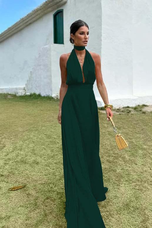 Sleeveless Halter V Neck Long Evening Formal Dress With Pleated