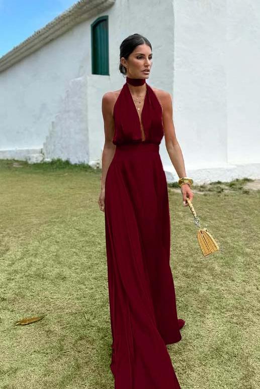 Sleeveless Halter V Neck Long Evening Formal Dress With Pleated