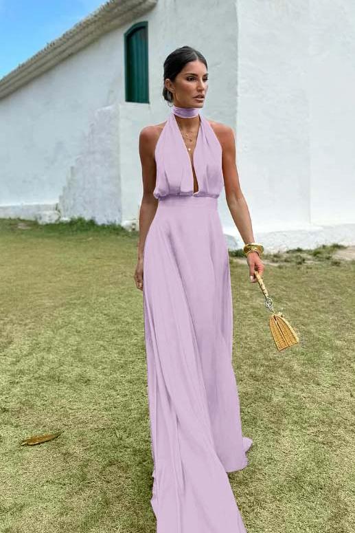 Sleeveless Halter V Neck Long Evening Formal Dress With Pleated