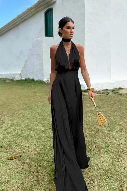 Sleeveless Halter V Neck Long Evening Formal Dress With Pleated