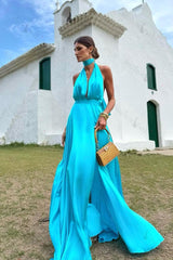 Sleeveless Halter V Neck Long Evening Formal Dress With Pleated