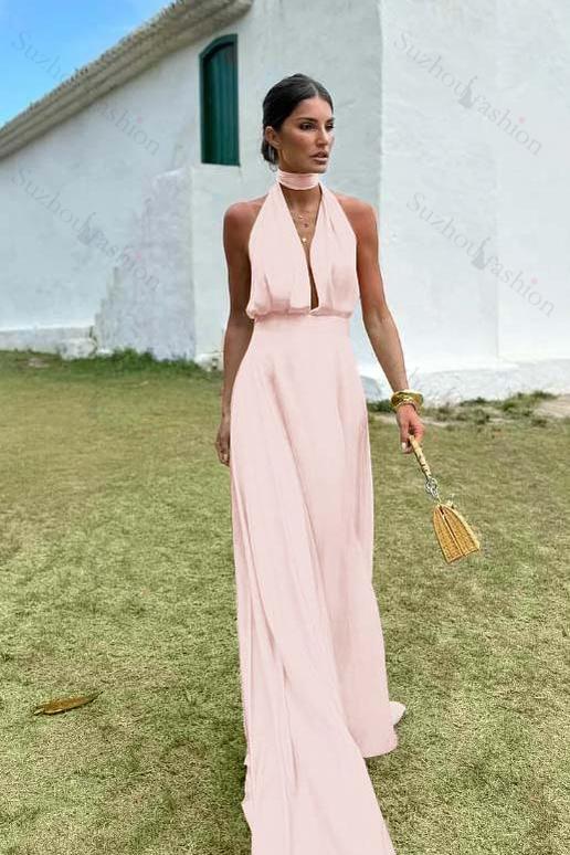 Sleeveless Halter V Neck Long Evening Formal Dress With Pleated