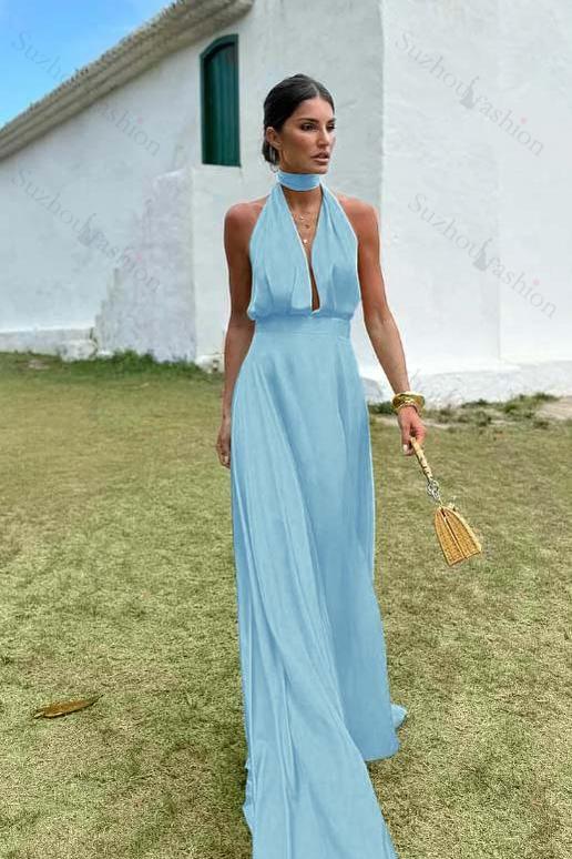 Sleeveless Halter V Neck Long Evening Formal Dress With Pleated