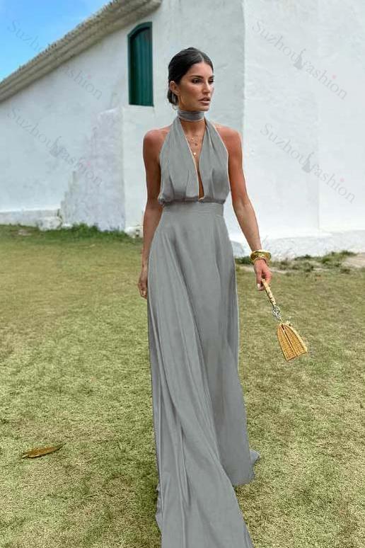 Sleeveless Halter V Neck Long Evening Formal Dress With Pleated