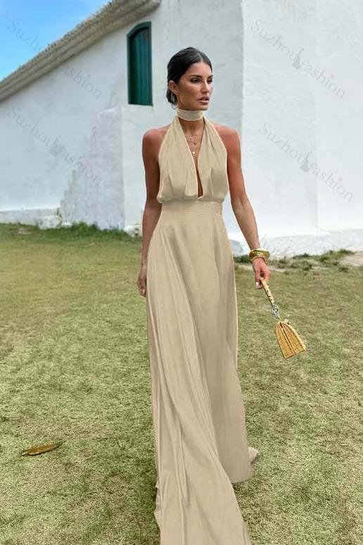 Sleeveless Halter V Neck Long Evening Formal Dress With Pleated