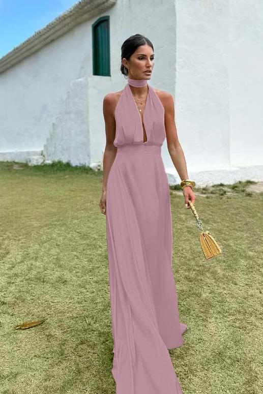 Sleeveless Halter V Neck Long Evening Formal Dress With Pleated