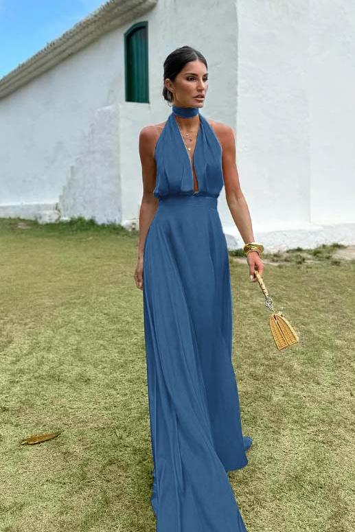 Sleeveless Halter V Neck Long Evening Formal Dress With Pleated