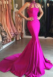 Sleeveless High Neck Evening Gown Mermaid Sweep-Train Lace-appliques Modest Prom Dress BA6354