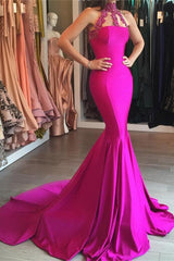 Sleeveless High Neck Evening Gown Mermaid Sweep-Train Lace-appliques Modest Prom Dress BA6354