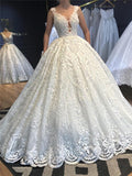 Sleeveless Lace Appliques Beading Wedding Dresses | V-neck Strap Ball Gown Bridal Dresses