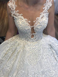 Sleeveless Lace Appliques Beading Wedding Dresses | V-neck Strap Ball Gown Bridal Dresses