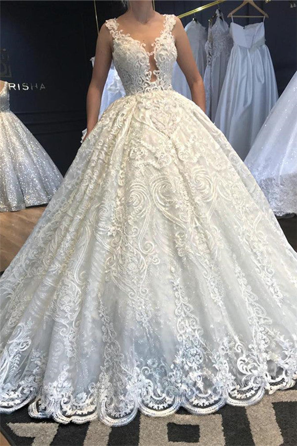 Sleeveless Lace Appliques Beading Wedding Dresses | V-neck Strap Ball Gown Bridal Dresses