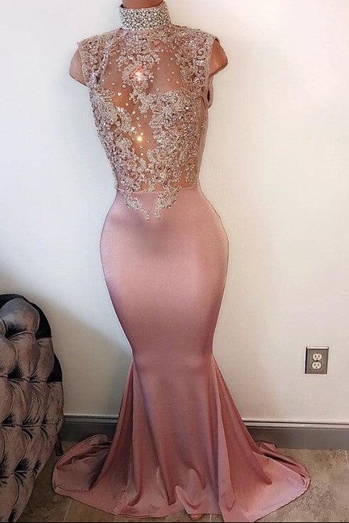 Sleeveless Lace Appliques Mermaid Evening Gowns Pearls High Neck Prom Dress BA4598
