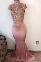 Sleeveless Lace Appliques Mermaid Evening Gowns Pearls High Neck Prom Dress BA4598