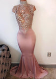 Sleeveless Lace Appliques Mermaid Evening Gowns Pearls High Neck Prom Dress BA4598