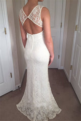 Sleeveless Lace Appliques Zipper White Prom Gown | Front Split Crew Mermaid Prom Dresses
