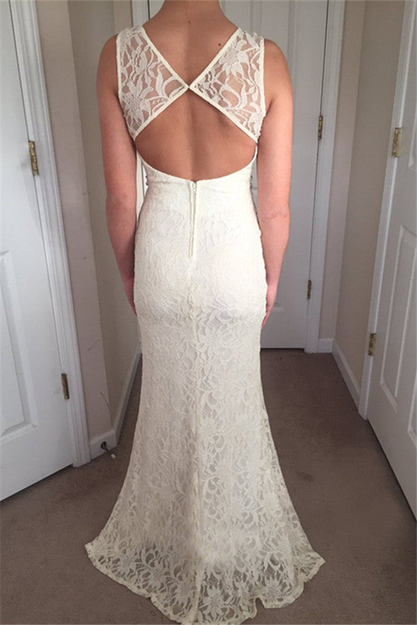 Sleeveless Lace Appliques Zipper White Prom Gown | Front Split Crew Mermaid Prom Dresses
