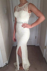 Sleeveless Lace Appliques Zipper White Prom Gown | Front Split Crew Mermaid Prom Dresses