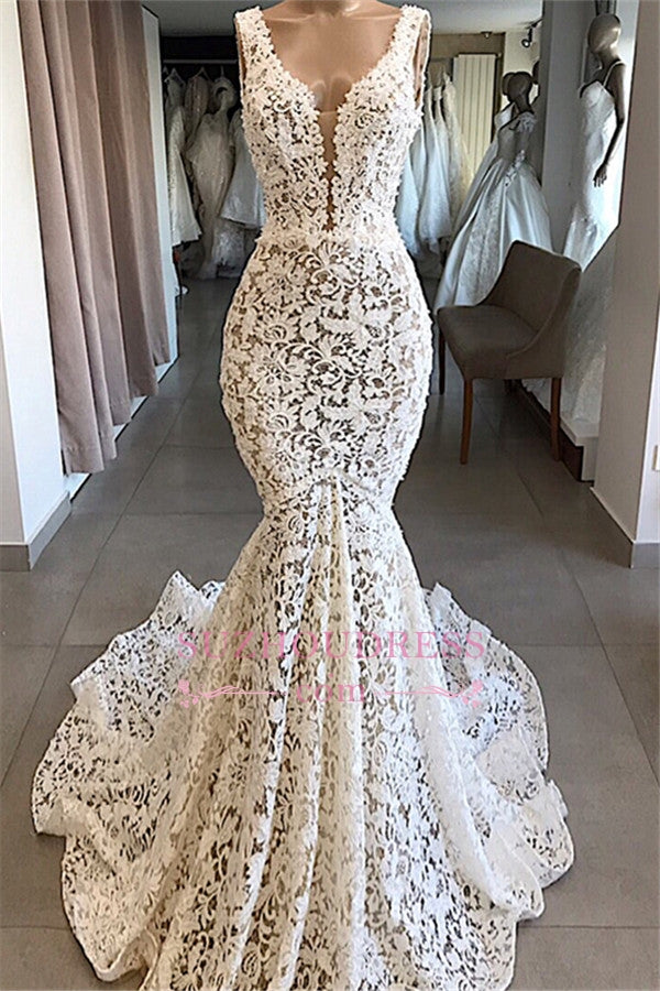 Sleeveless Lace V-neck Elegant Mermaid Wedding Dresses