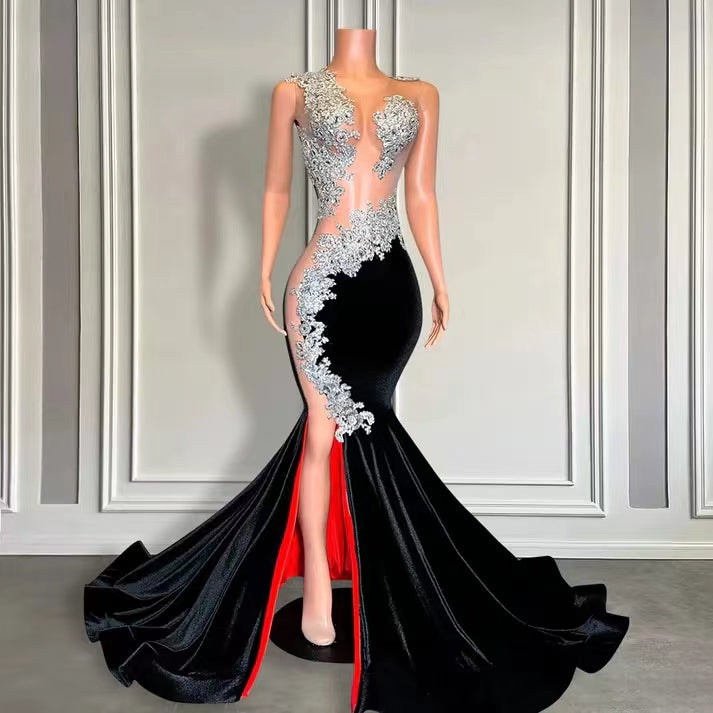 Sleeveless Long Black Velvet Mermaid Formal Dresses with Appliques and Beads