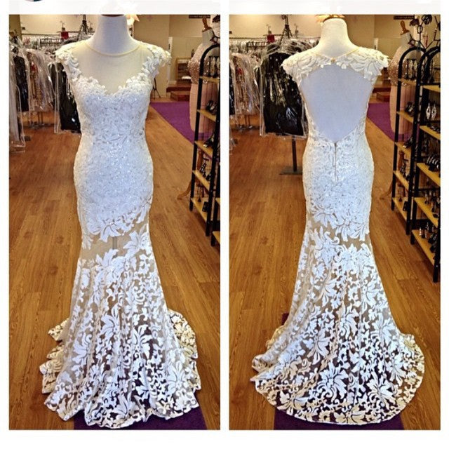 Sleeveless Mermaid Lace Evening Dresses Long Illusion Sheer Tulle Prom Dress BA3565