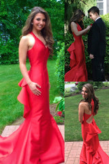 Sleeveless Mermaid Long Prom Dresses Red Halter Evening Gown