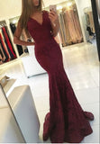 Sleeveless Mermaid Newest Lace Burgundy Formal Dresses  Sweep Train V-neck Prom Dress BA6827
