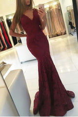 Sleeveless Mermaid Newest Lace Burgundy Formal Dresses Sweep Train V-neck Prom Dress BA6827