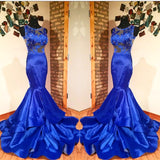 Sleeveless Mermaid Royal Blue Prom Dresses | Lace Appliques Sexy Illusion Evening Gowns