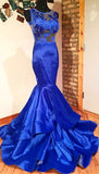 Sleeveless Mermaid Royal Blue Prom Dresses | Lace Appliques Sexy Illusion Evening Gowns