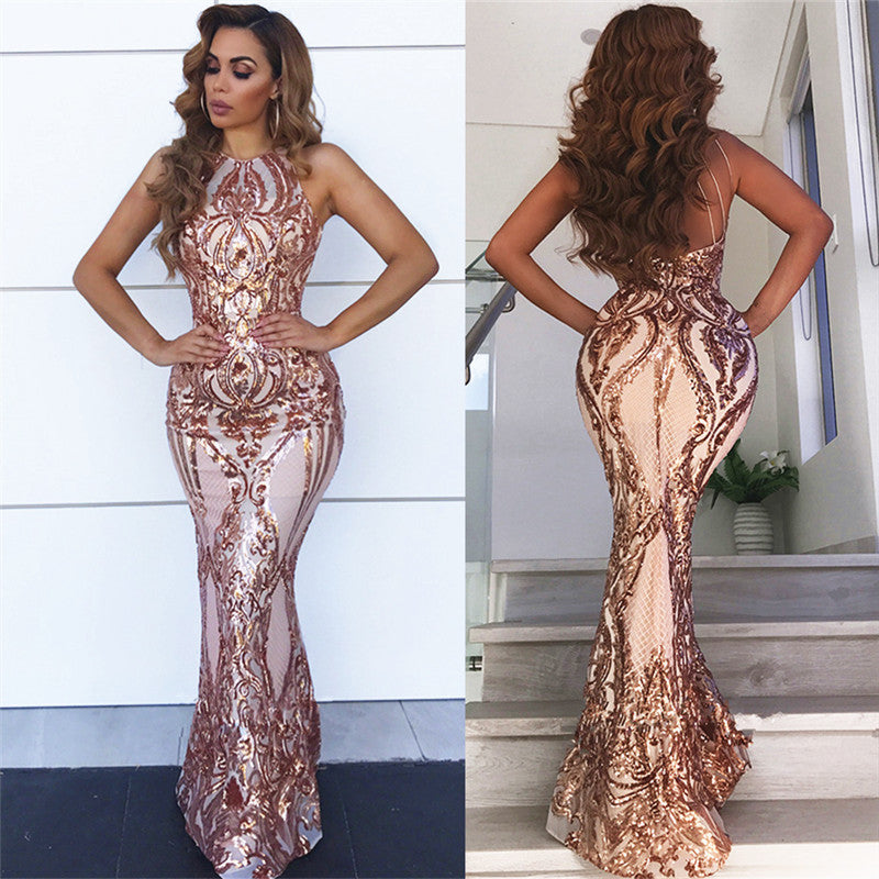 Sleeveless Open Back Sequins Prom Dresses | Sexy Spaghetti Straps Mermaid Champagne Evening Dress bc0506