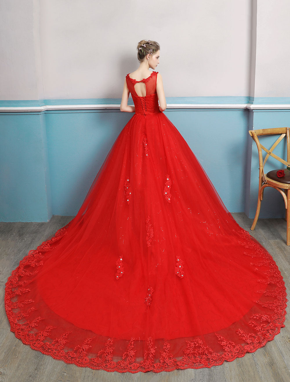 Sleeveless Ruby Jewel Tulle Lace Ball Gown Wedding Dresses Long