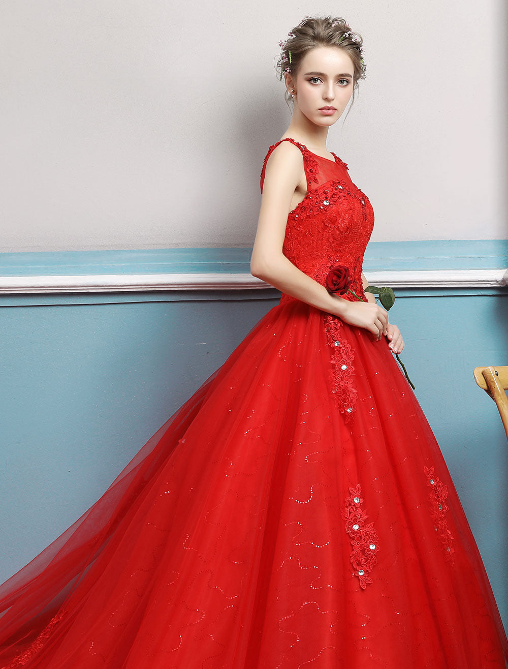 Sleeveless Ruby Jewel Tulle Lace Ball Gown Wedding Dresses Long