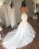 Sleeveless See Through Tulle Sexy Wedding Dresses | Mermaid Beads Appliques Bridal Dress with Long Train WE0207