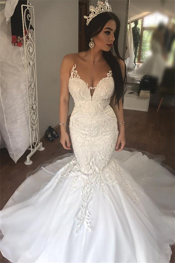 Sleeveless See Through Tulle Sexy Wedding Dresses | Mermaid Beads Appliques Bridal Dress with Long Train WE0207