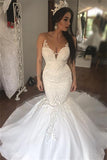Sleeveless See Through Tulle Sexy Wedding Dresses | Mermaid Beads Appliques Bridal Dress with Long Train WE0207