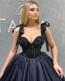 Sleeveless Sweetheart Ruffles Black Ball Gown Evening Dresses