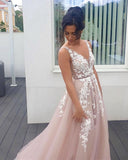 Sleeveless Tulle Lace V Neck Appliques A-Line Prom Dresses Long