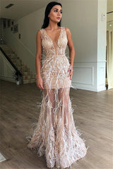 Sleeveless V-Neck Mermaid Feather Modest Prom Dresses