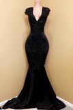 Sleeveless V-neck Mermaid Beads Appliques Sexy Black Prom Dresses